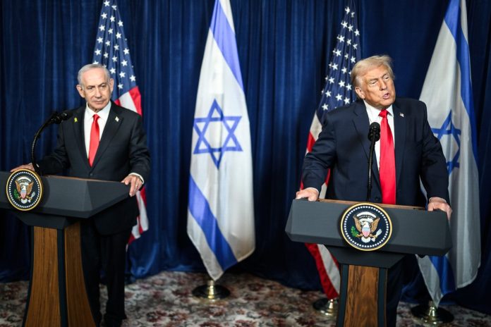 P20251229DT-0522 President Donald Trump participates in a bilateral press conference with Israeli Prime Minister Benjamin Netanyahu, Monday, December 29, 2025, at the Mar-a-Lago Club in Palm Beach, Florida. (Official White House Photo by Daniel Torok)