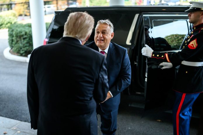 P20251107DT-0463 P20251107DT-0463 President Donald Trump greets Prime Minister Viktor Orban of Hungary at the West Wing Lobby of the White House, Friday, November 7, 2025. (Official White House Photo by Daniel Torok)